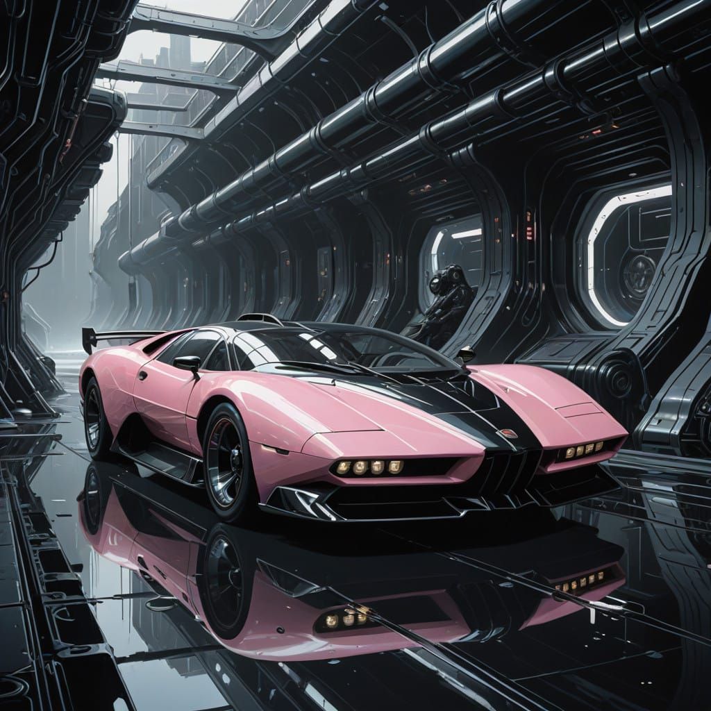 Luxury Rose and Black Sports Car Soars Over Turbulent River...