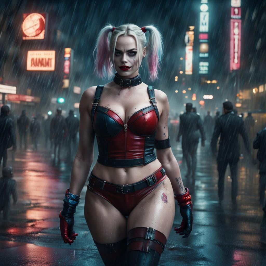 Harley Quinn Inspired Digital Painting in Rainy City