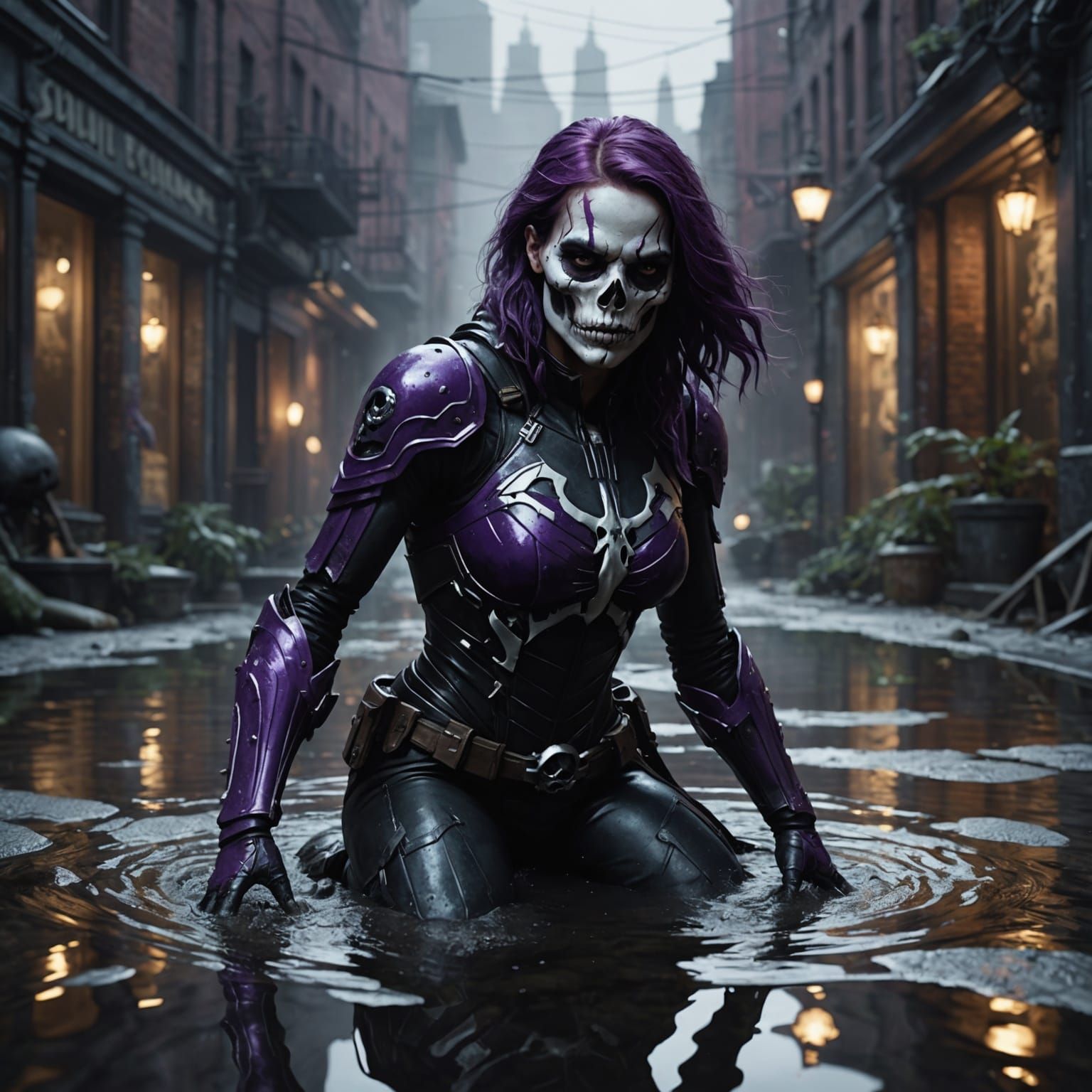 Gritty Female Superhero Skull Puddle in Dark Fantasy Art