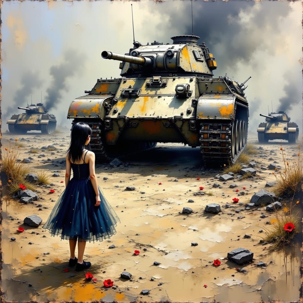 War-Torn Battlefield: Child and Tank in Impasto