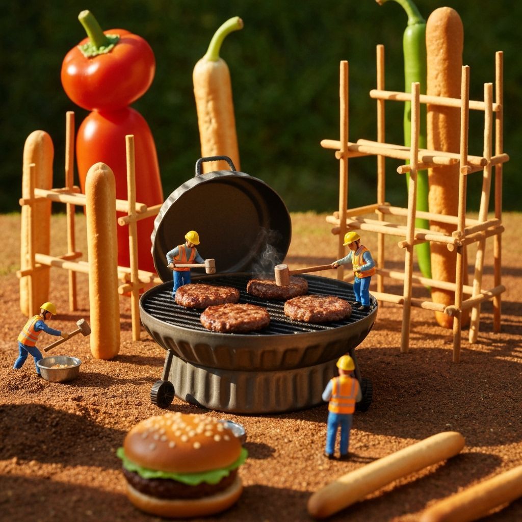 Miniature Construction Workers Cooking on Bottlecap Grill