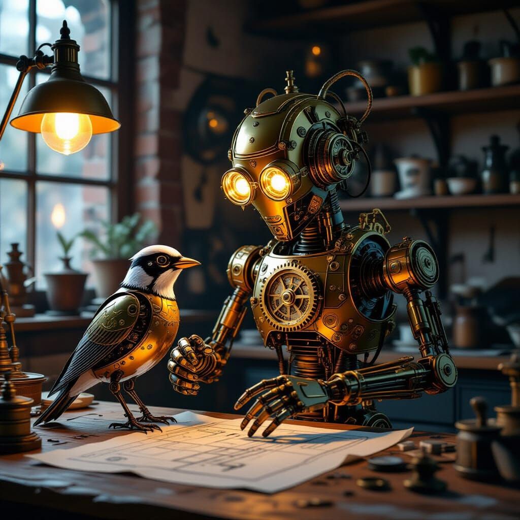 Steampunk Automaton Assembling Clockwork Bird in Workshop