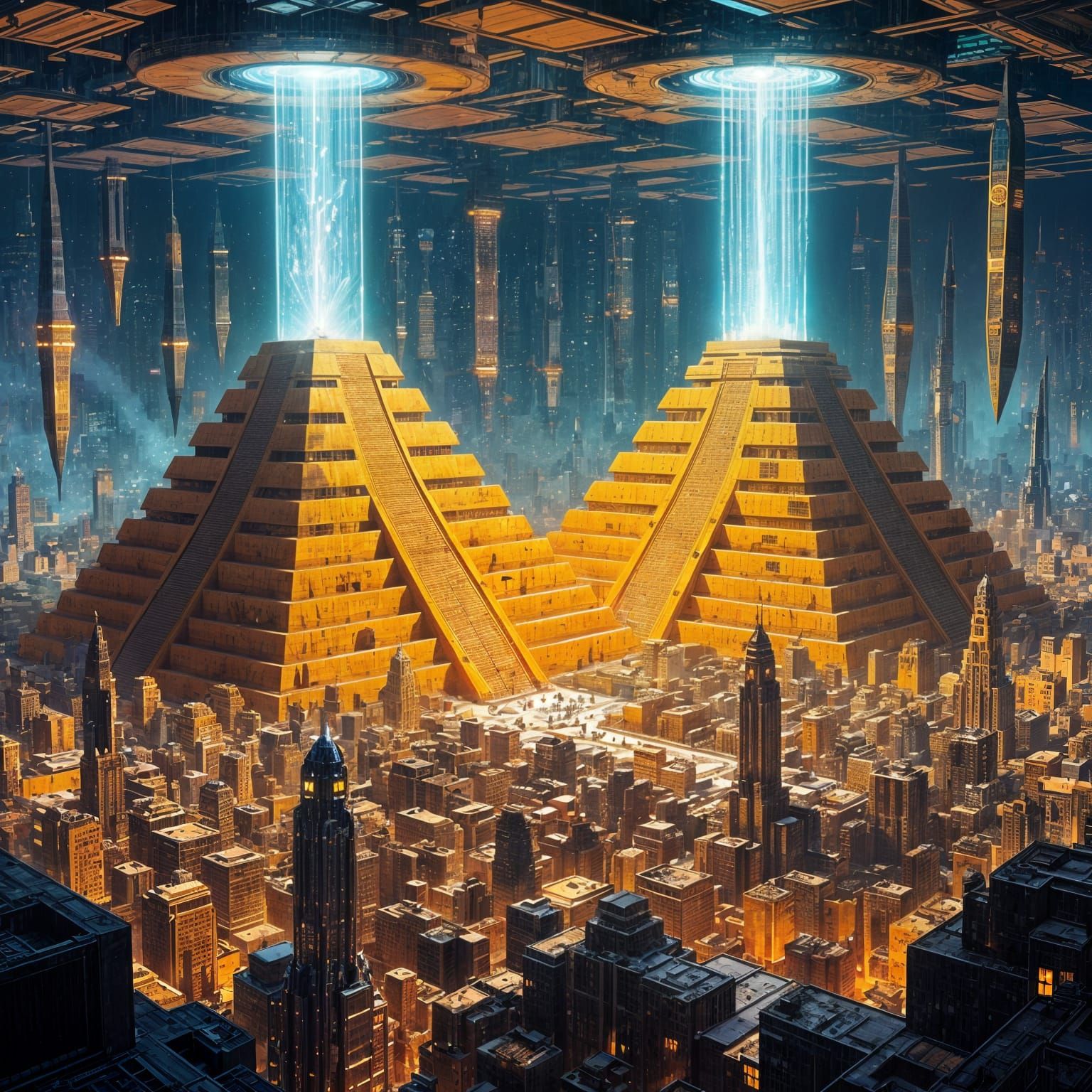 Cyberpunk Cityscape with Glowing Pyramids