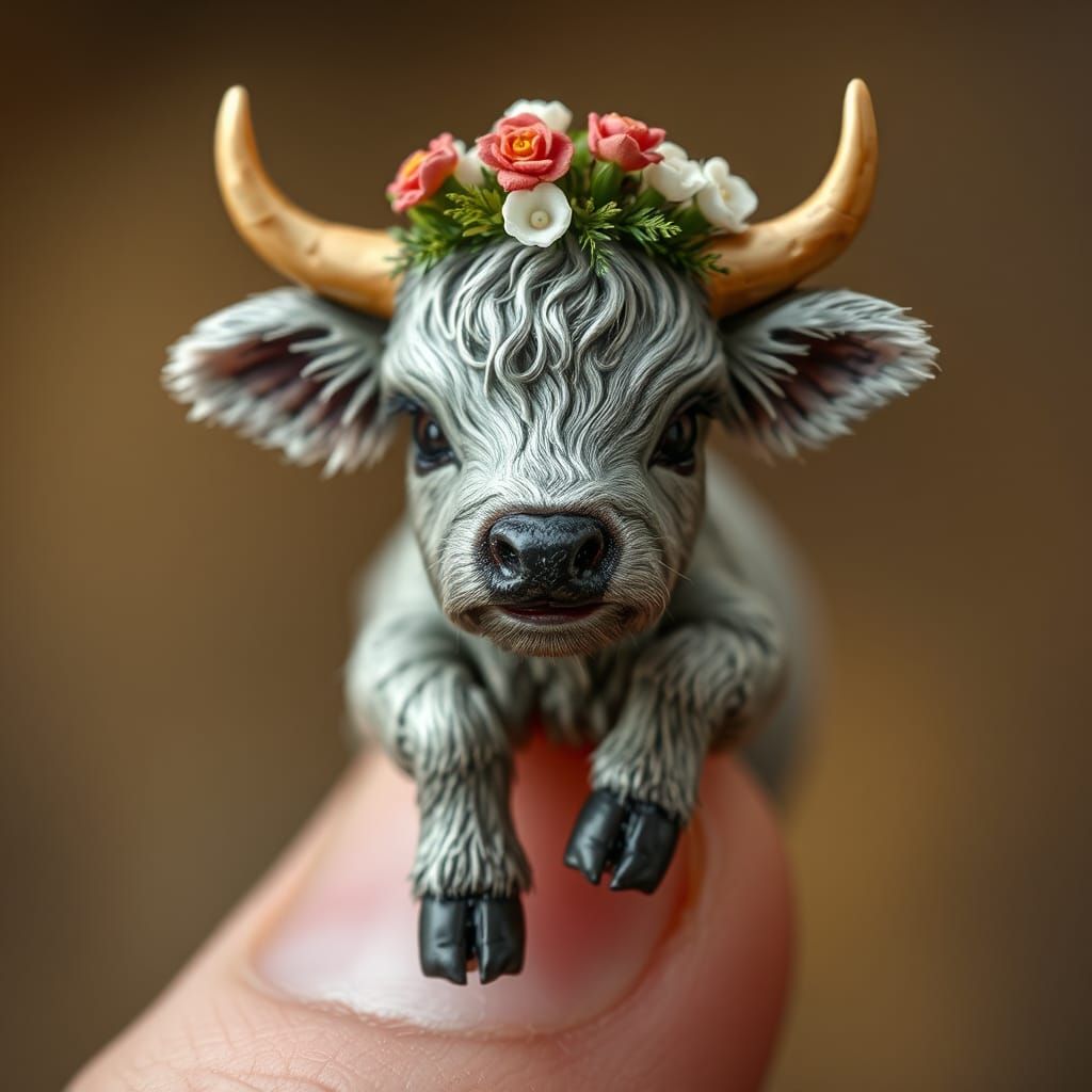 Miniature Highland Cow with Floral Wreath