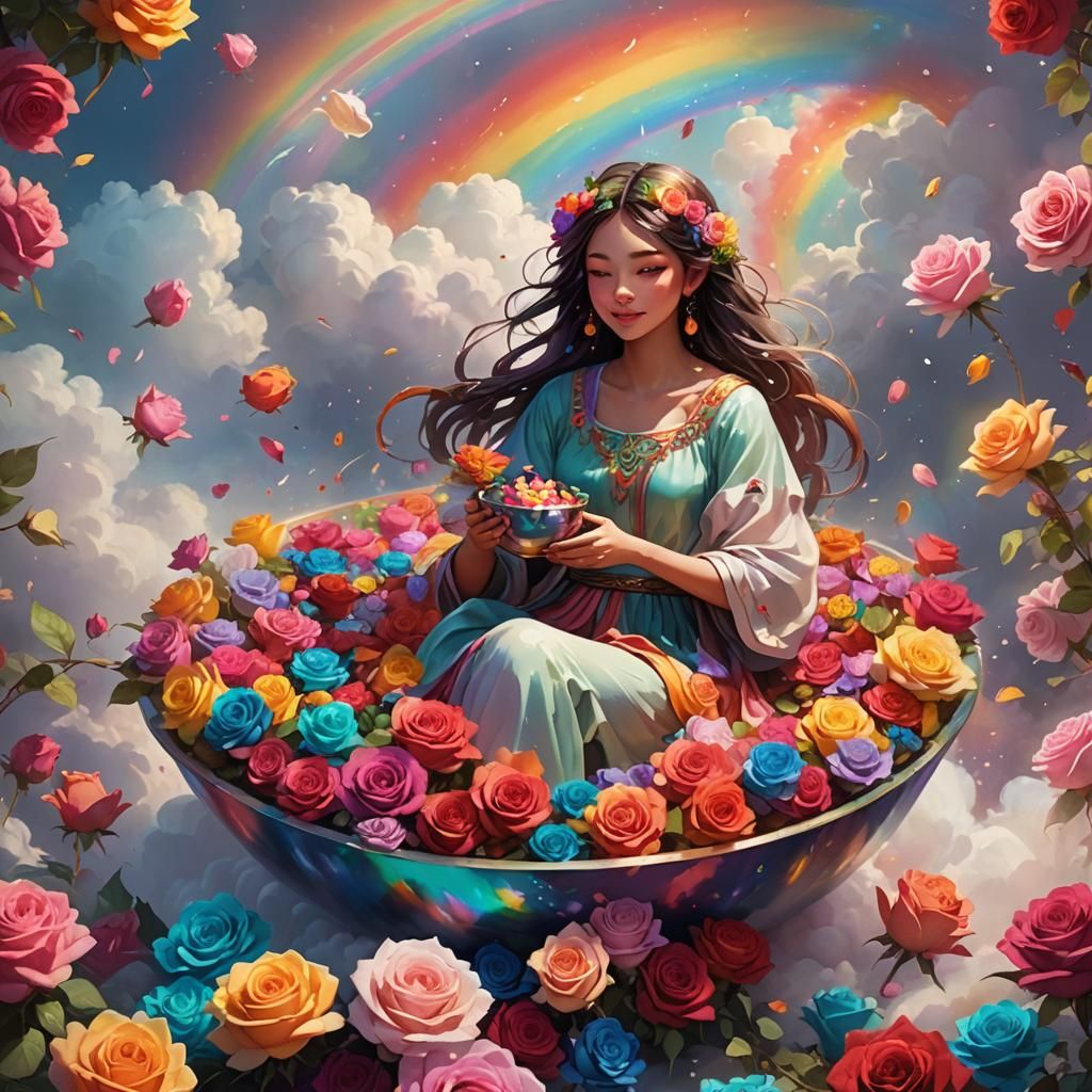 Girl in Rainbow Bowl Floating on Cloud: Fantasy Art