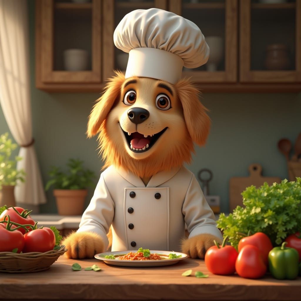 Pixar-Style Chef Character in Whimsical Kitchen