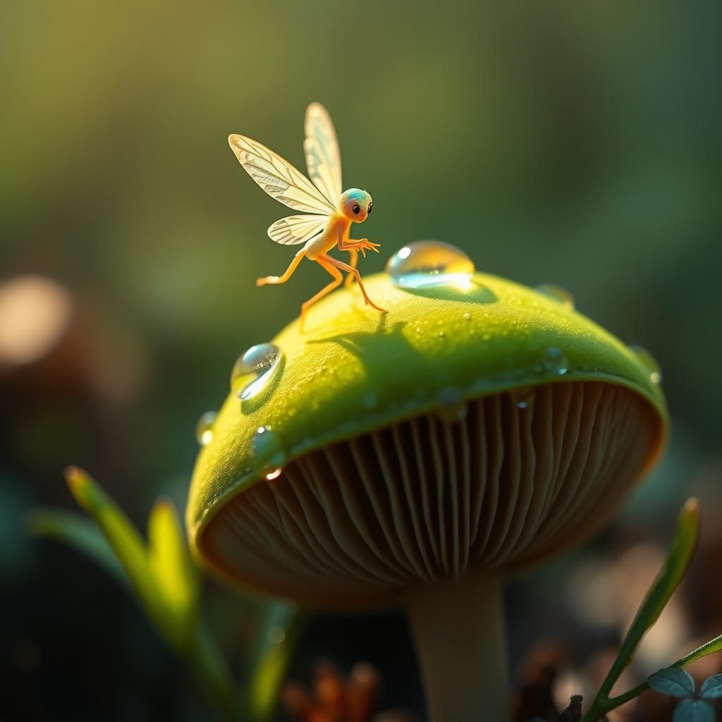 Iridescent Fairy on Emerald Mushroom in Morning Dew