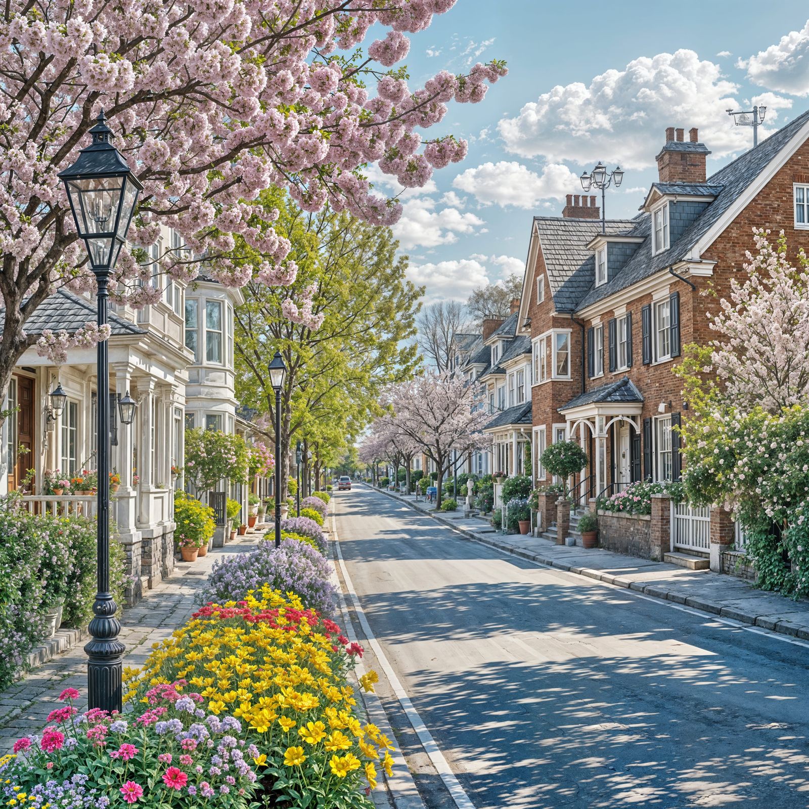 Springtime Serenity: Houses, Wide Streets, and Blooming Flow...