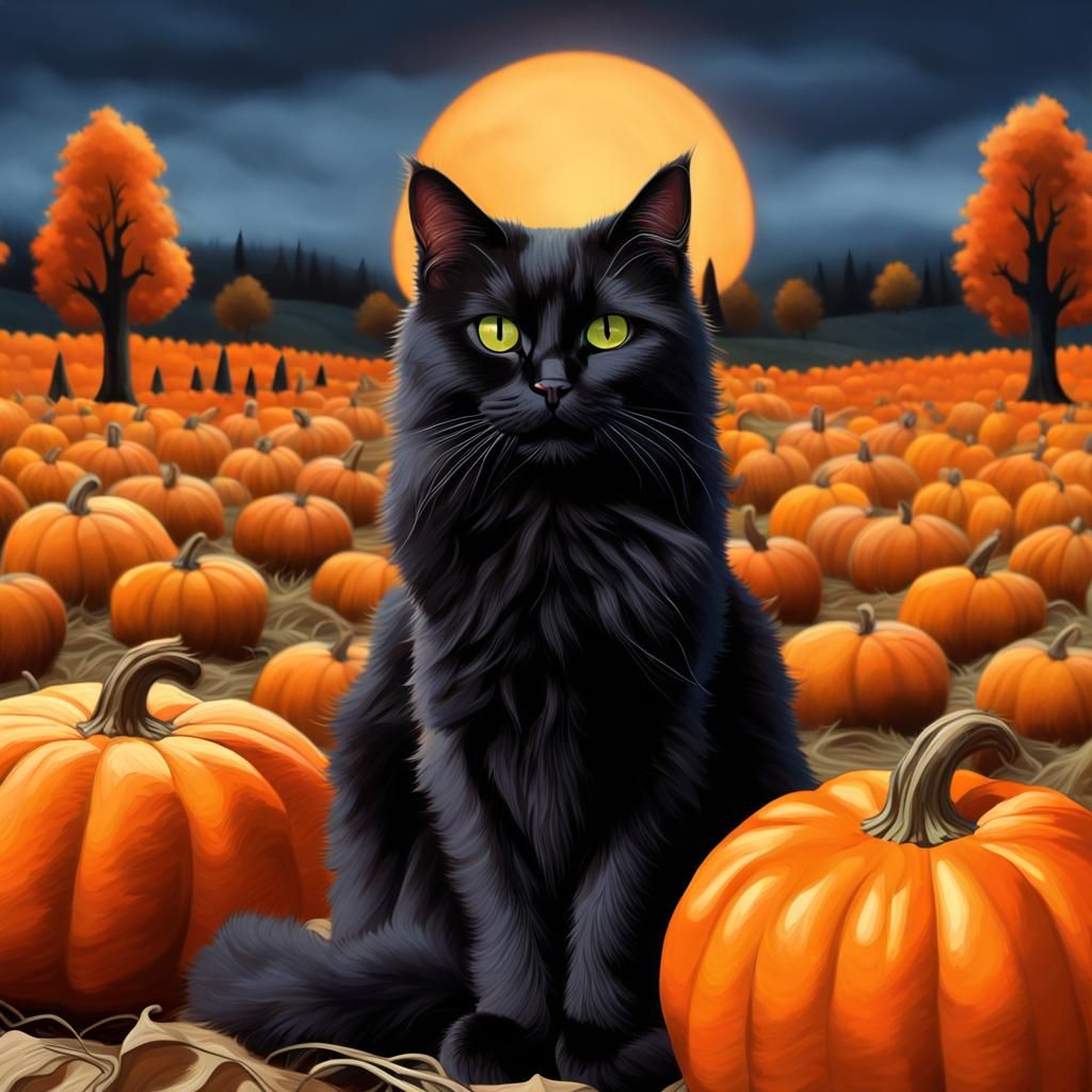Fluffy Black Cat in a Pumpkin Field