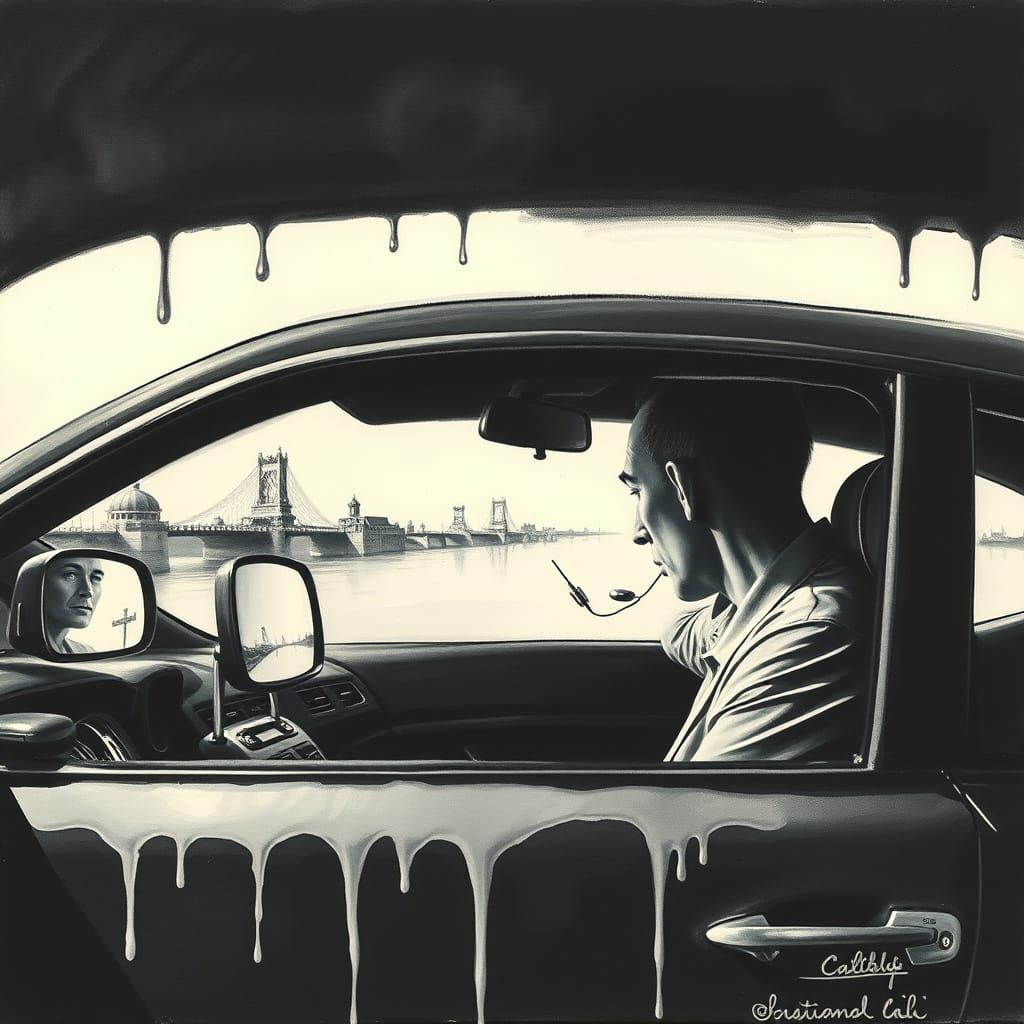 Gorgona in Auto Garage: a Surreal Watercolor in Dali Style