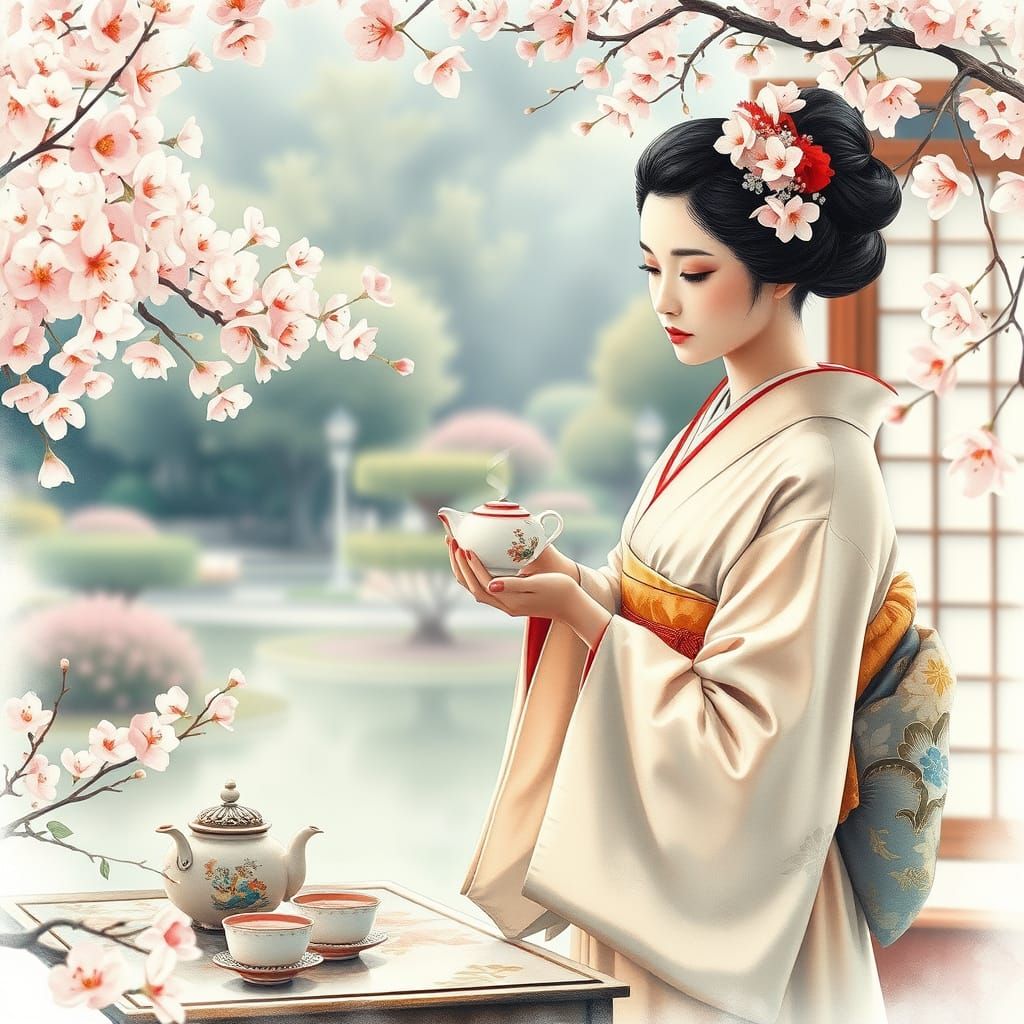 Geisha Tea Ceremony in Watercolor Style