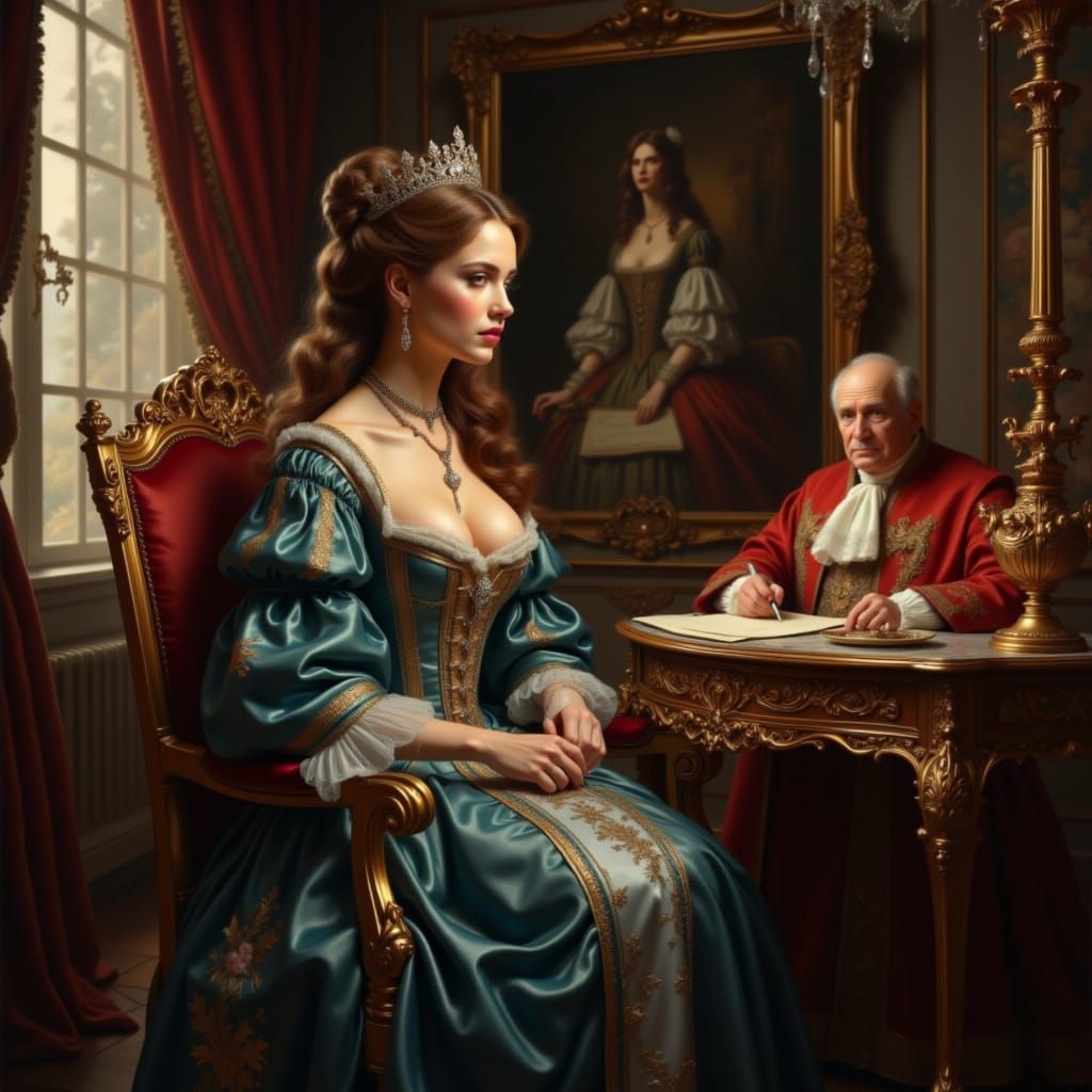 Baroque Lady and Cardinal Richelieu in Hotel Room