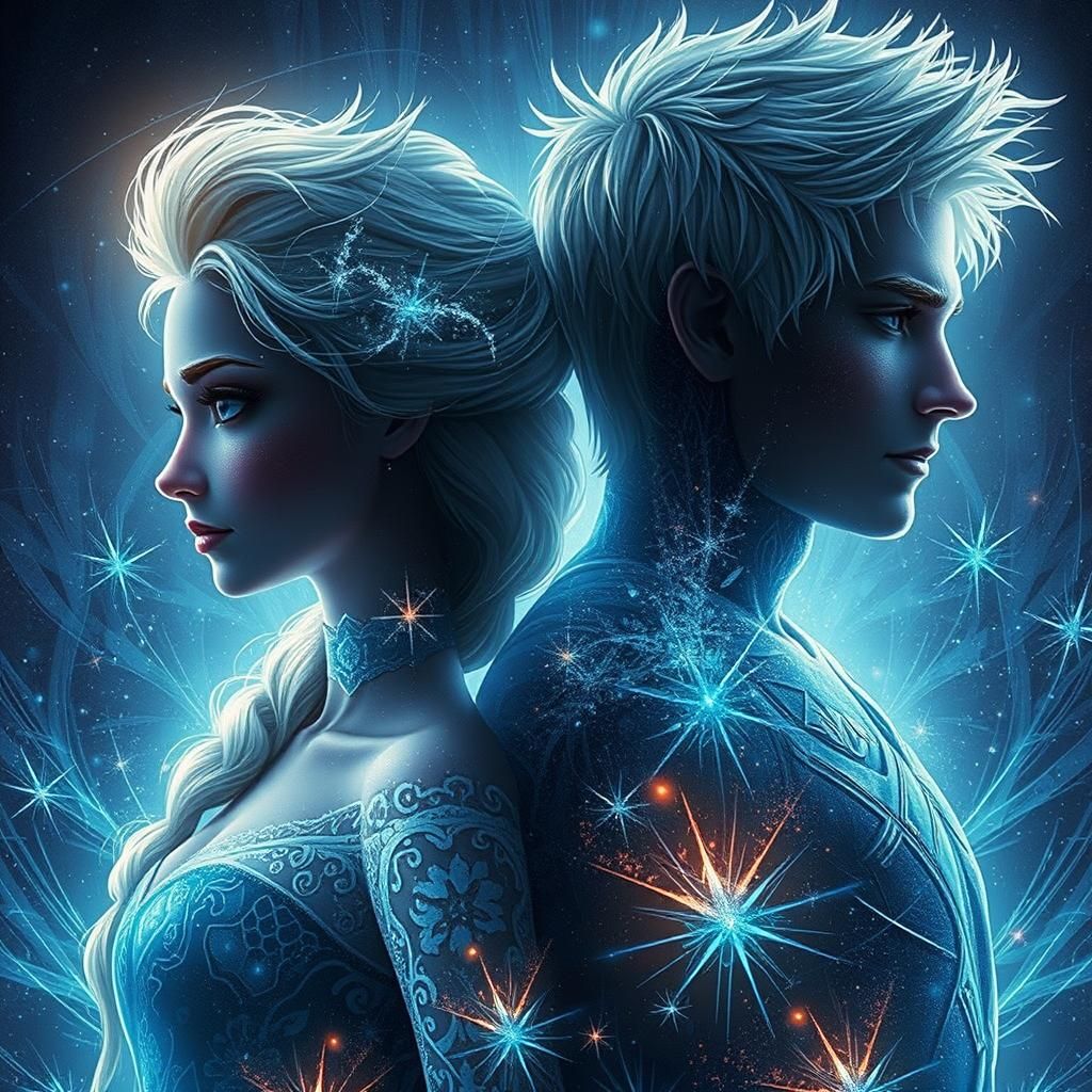 Elsa and Jack Frost Silhouette in Double Exposure