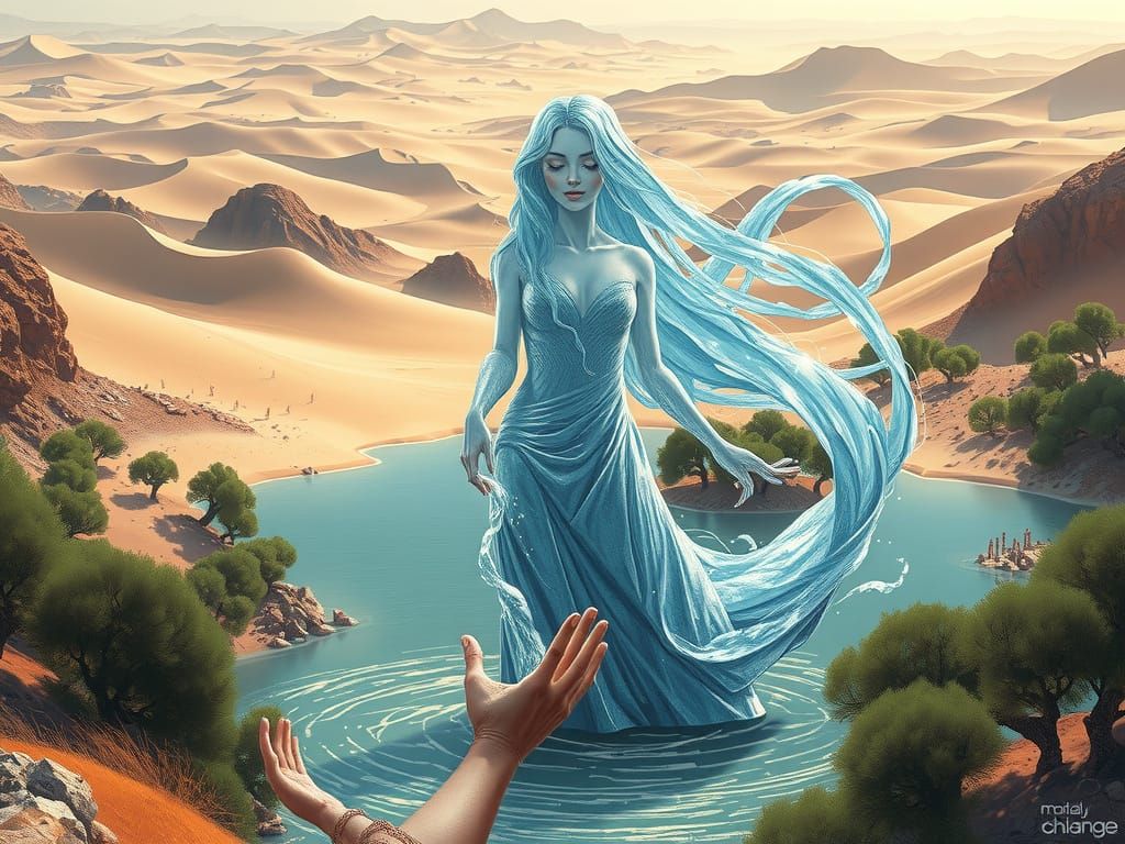 Mystical Water Sprite in a Desert Oasis