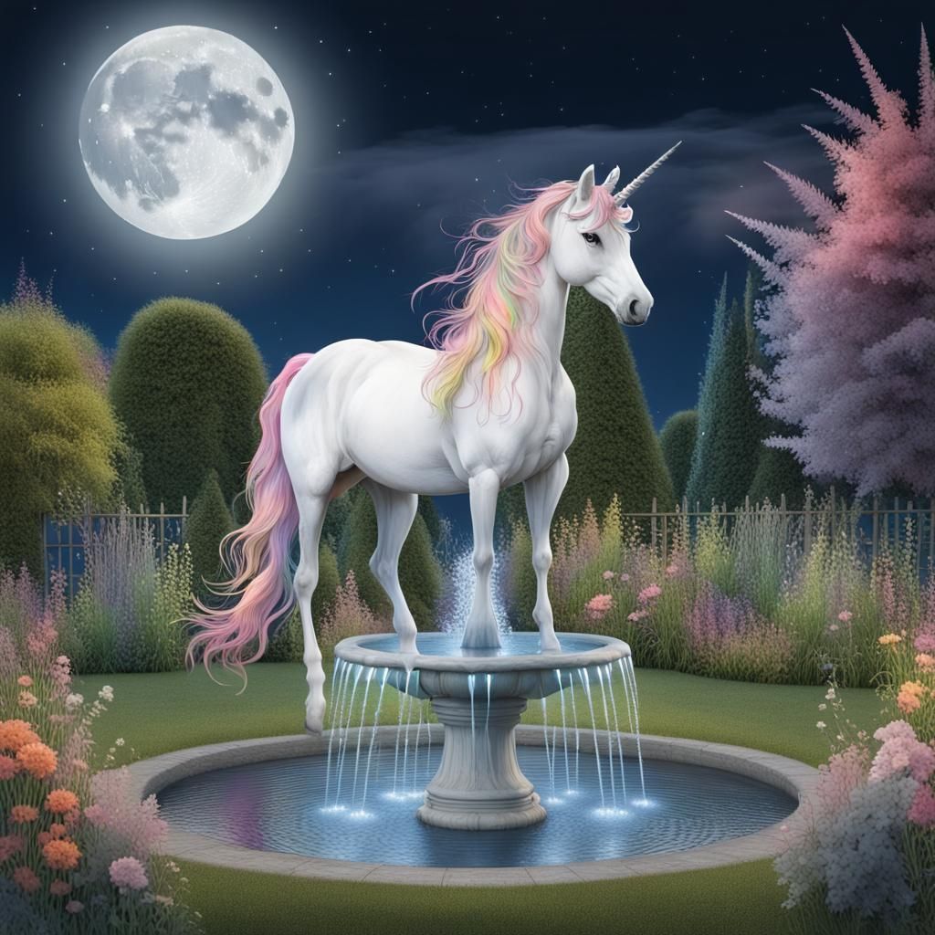 Unicorn at Fairy Fountain in Rainbow Pastel