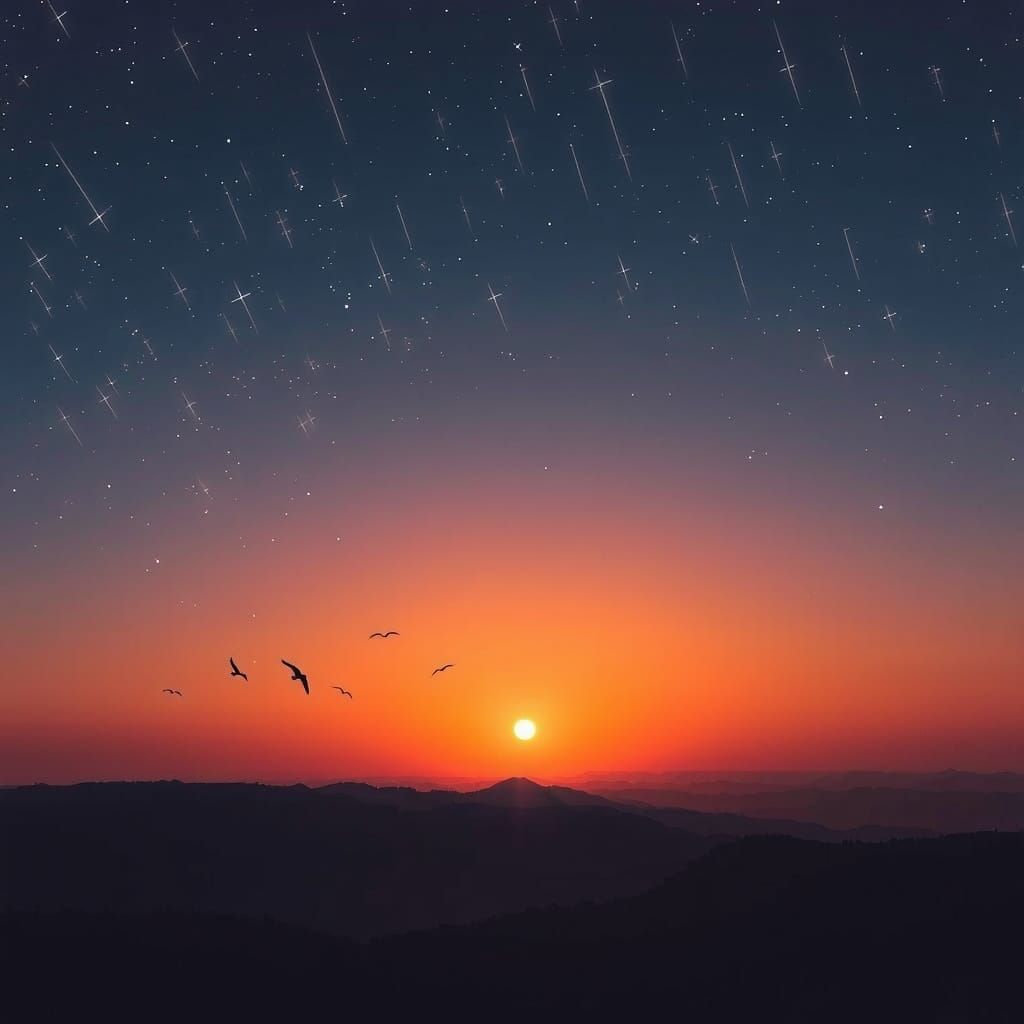 Sunset Landscape with Stars and Birds in Golden Light