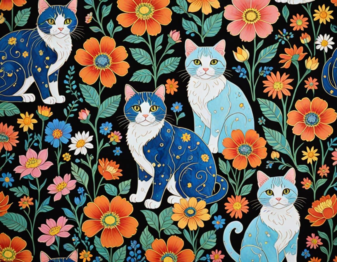 Bioluminescent Cats and Flowers in Cloisonné Style