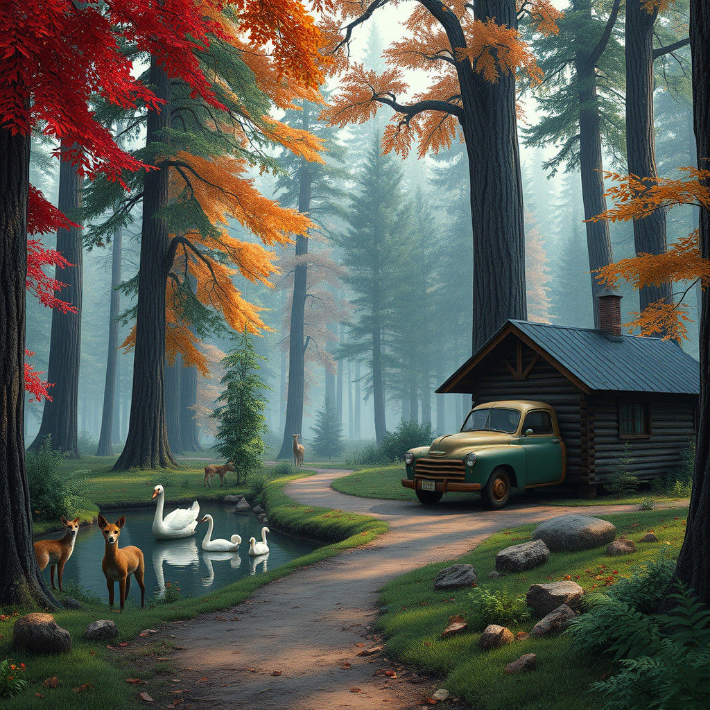 Enchanted Forest Cabin with Vintage Car, Digital Art