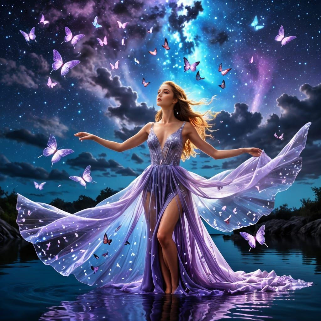 Ethereal Fantasy Goddess Under Starry Night Sky
