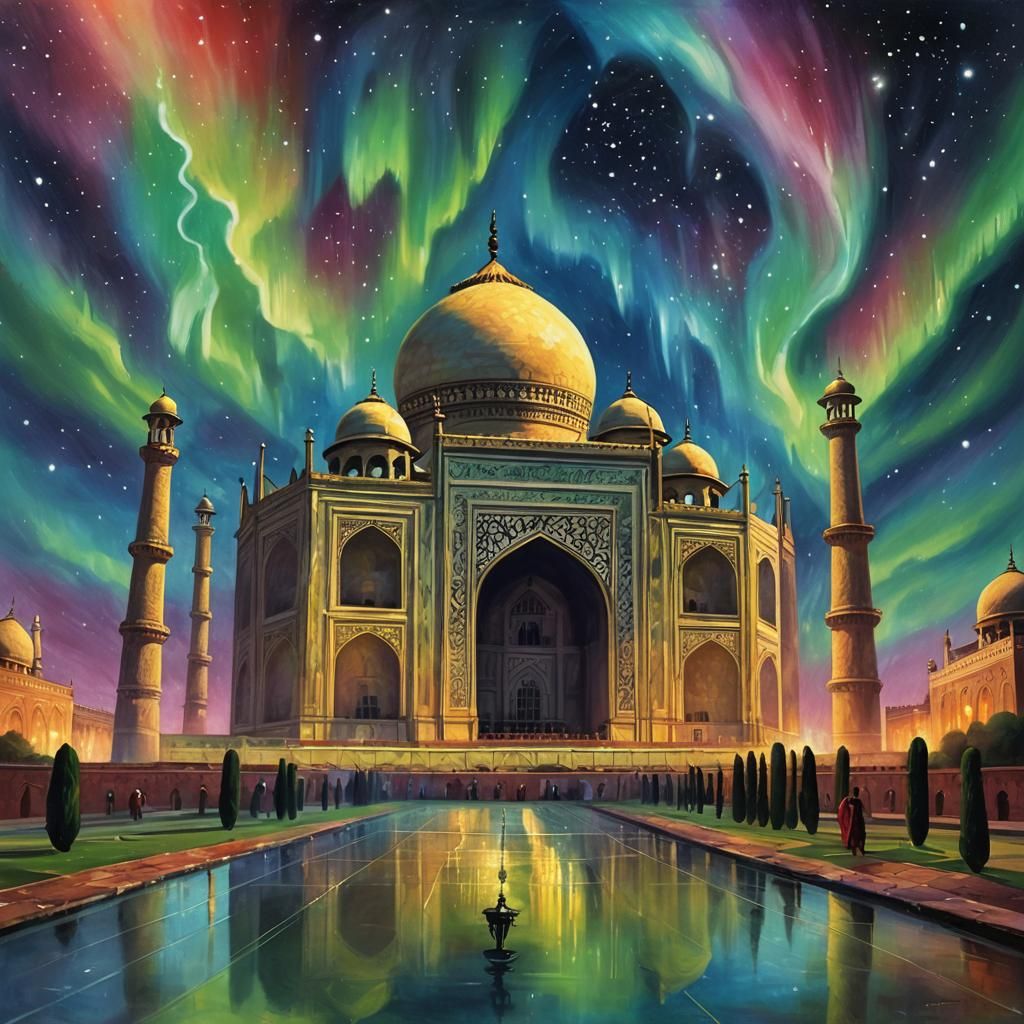 Taj Mahal Under Northern Lights: Digital Landscape Art