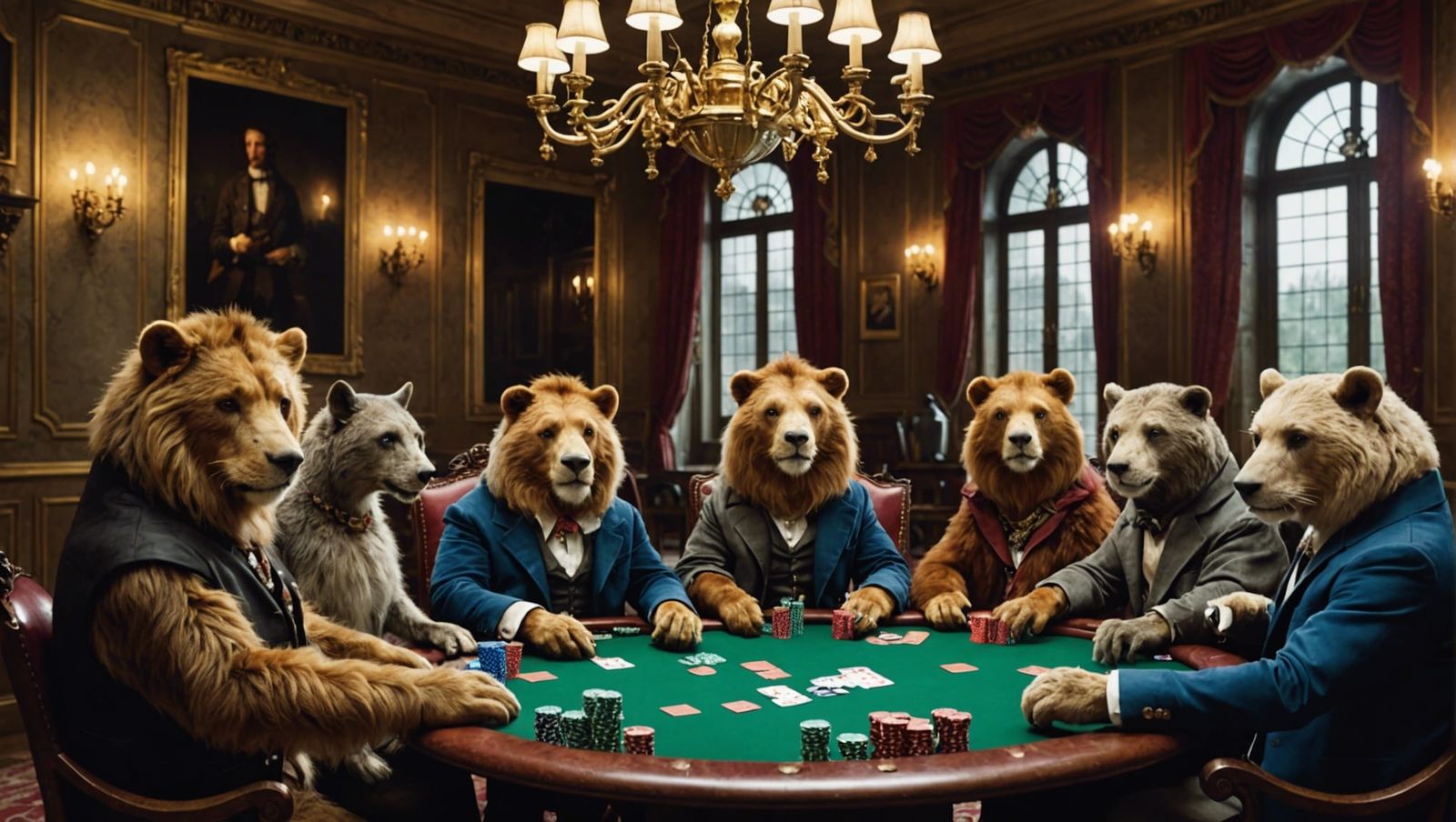 Animals Play Poker in Expensive Castle