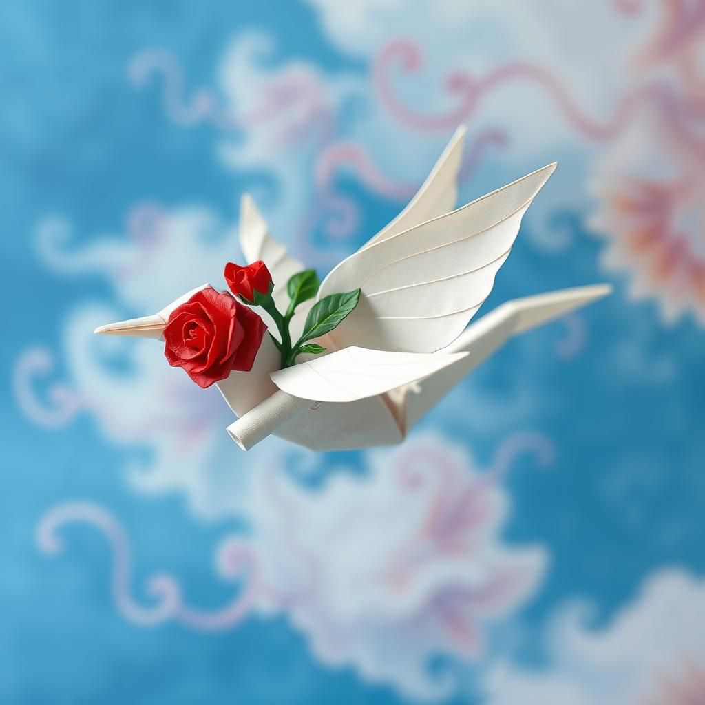 Origami Bird Soaring Through Blue Sky, Watercolour Style