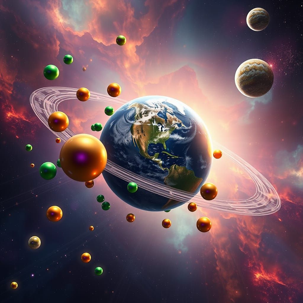 Earth Orbited by Reflective Spheres: Digital Art