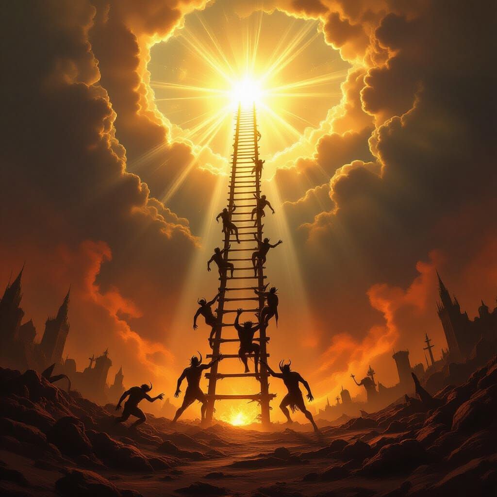 Divine Light Descends on Hellish Earth Landscape