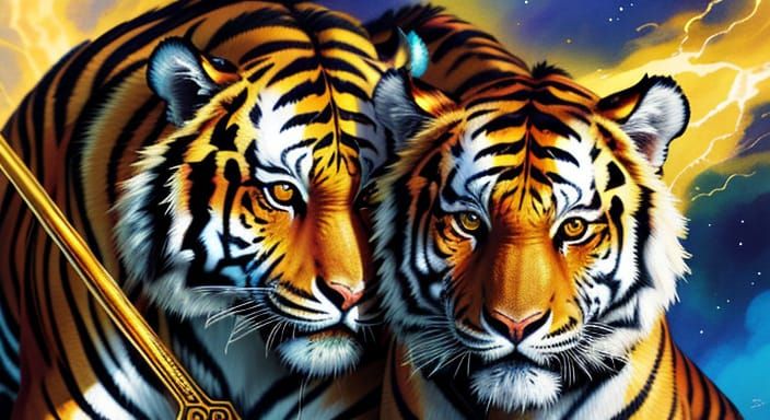 Monkey Riding Tiger with Lance in Alcohol Ink Style