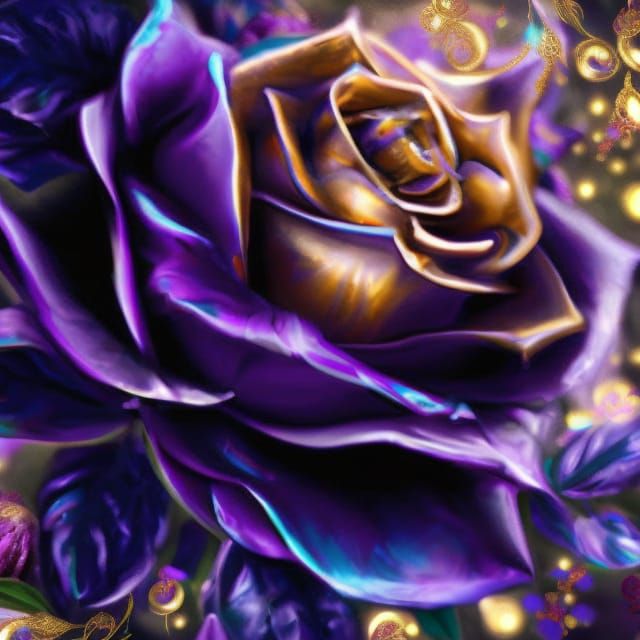 Fairy Hovering Near Purple Rose with Gold Trim