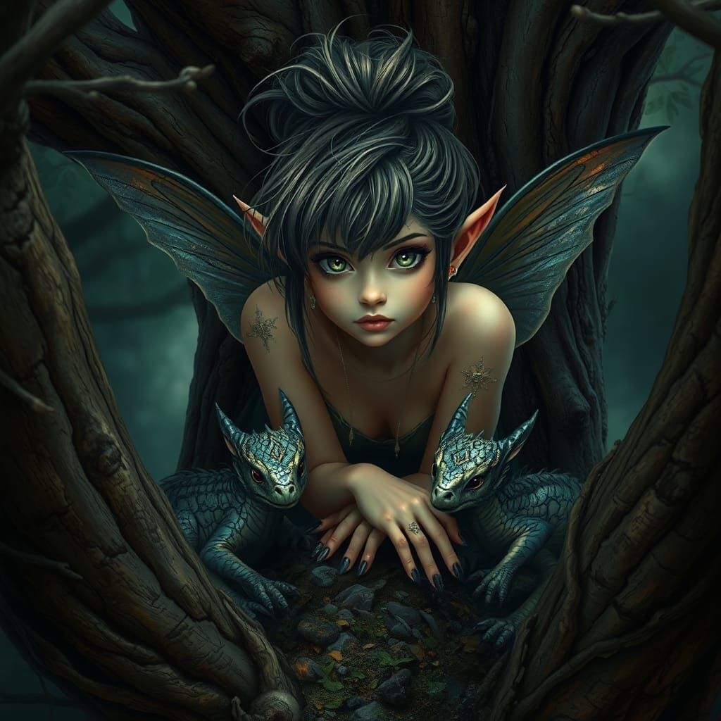 Pixie and Dragon in Mystical Forest, Detailed Matte Painting