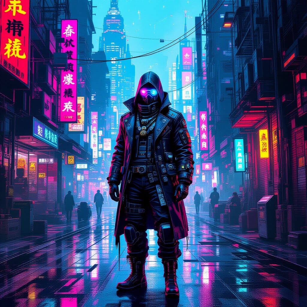 Steampunk Cyberpunk Figure in Neon City