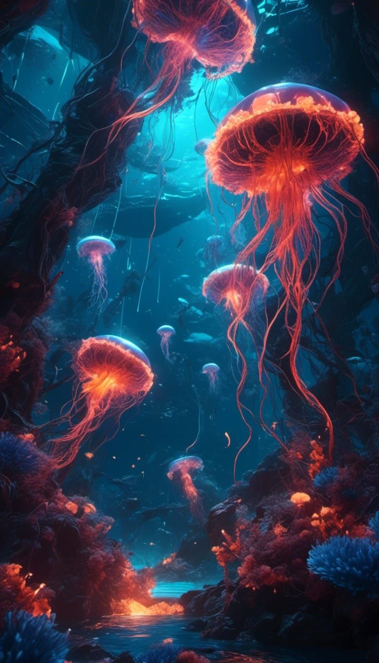 Glowing Oceanic Fantasy Scene in Vibrant Neon Blues