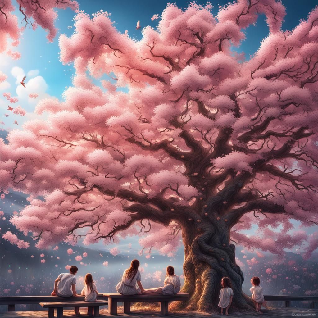 Sakura Tree with Angels: Hyperrealistic Concept Art