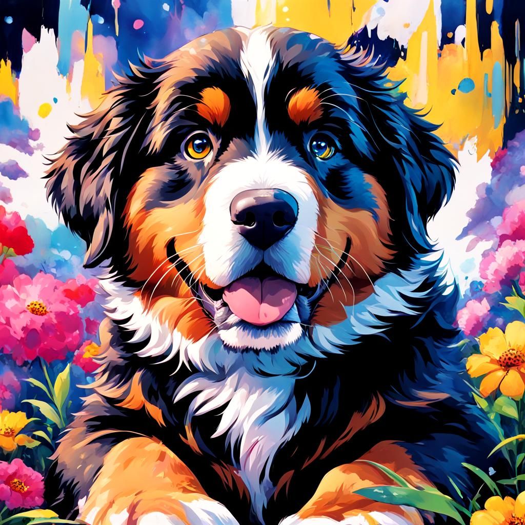 Happy Bernese Puppy in Anime Concept Art
