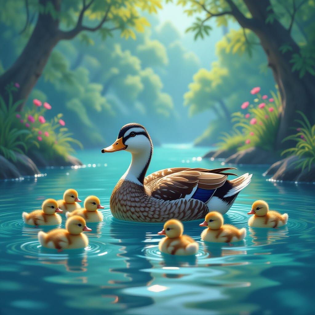 Mother Duck and Eight Fluffy Ducklings in Vibrant River