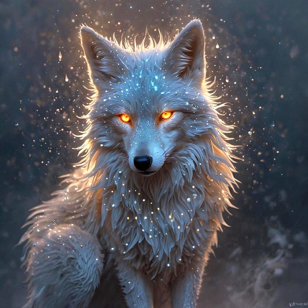 Glowing Fox-Wolf Hybrid in Surreal Bioluminescent Scene