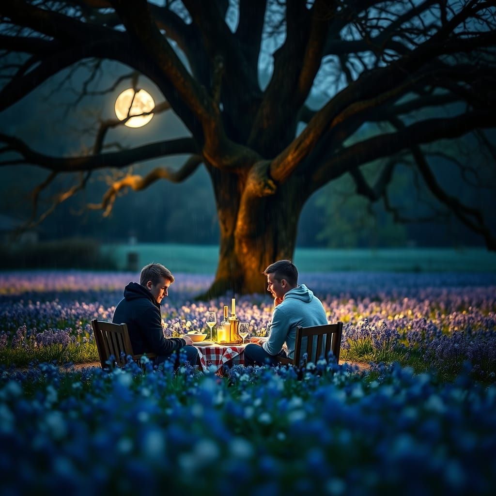 Moonlit Picnic in Bluebell Field: Professional Photography