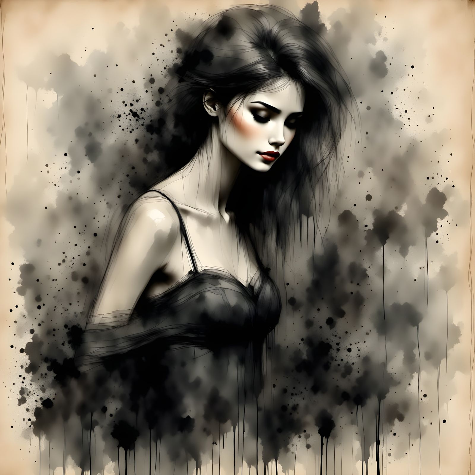 Monochrome Ink Portrait with Dark Outlines