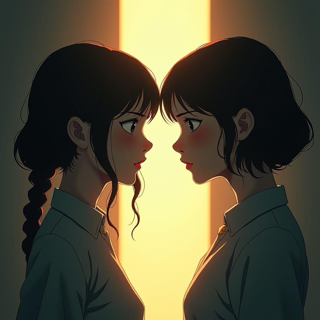 Woman Faces Shadow Twin in Anime Landscape