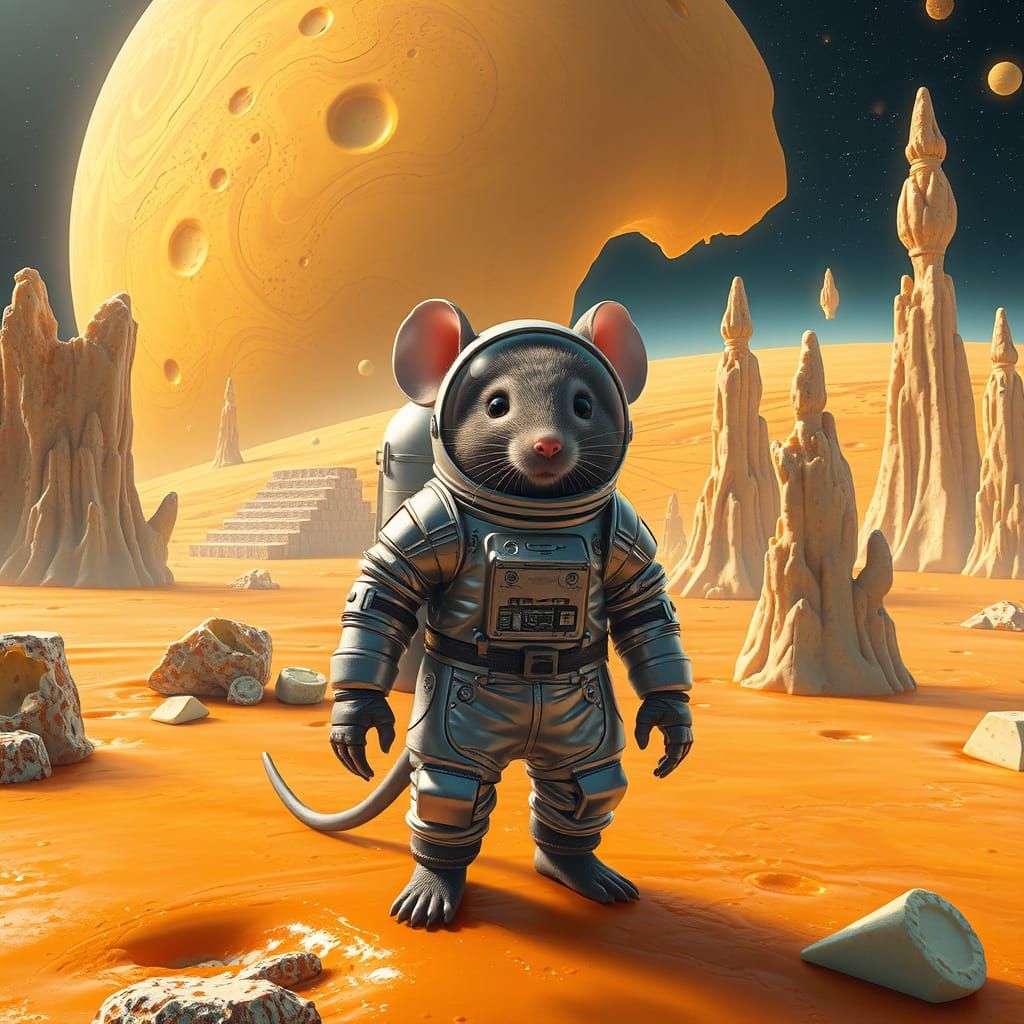 Mouse Astronaut on Planet Cheese in Hyperrealistic Style