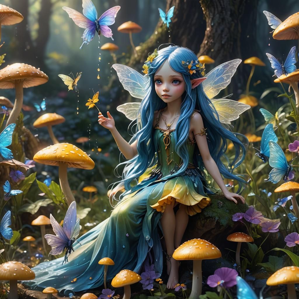 Macro Photo of a Fairy with Rainbow Wings