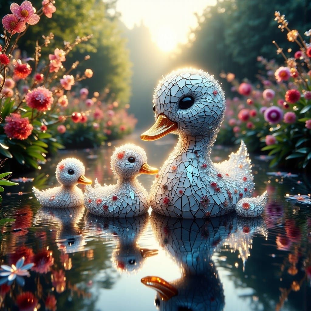 Glass Ducks on River: Surrealist Splash Art