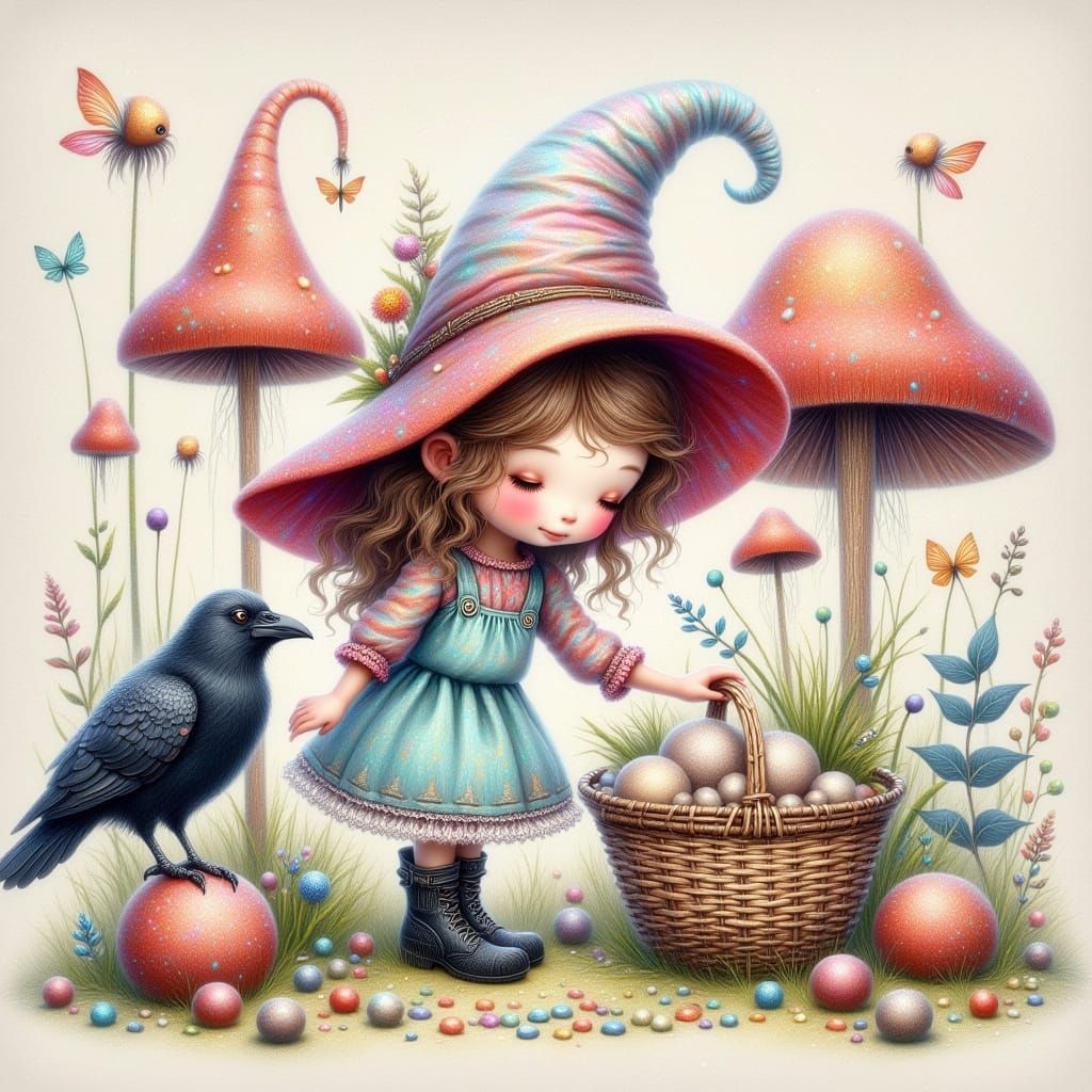 Magical Girl Herb Hunting Under Whimsical Mushrooms