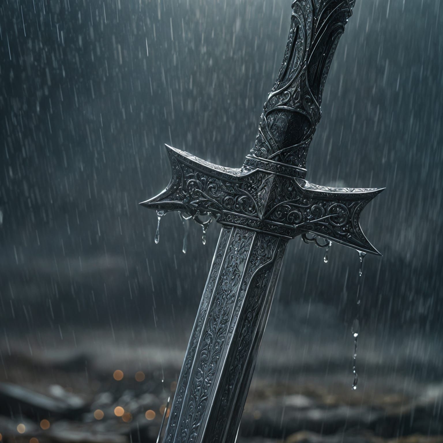 Sword Slicing Raindrops in Detailed Digital Painting