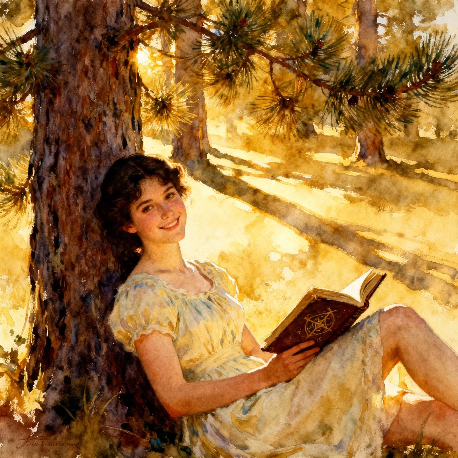 Brunette Woman in Summer Dress Reads Spell Book Under Pine T...