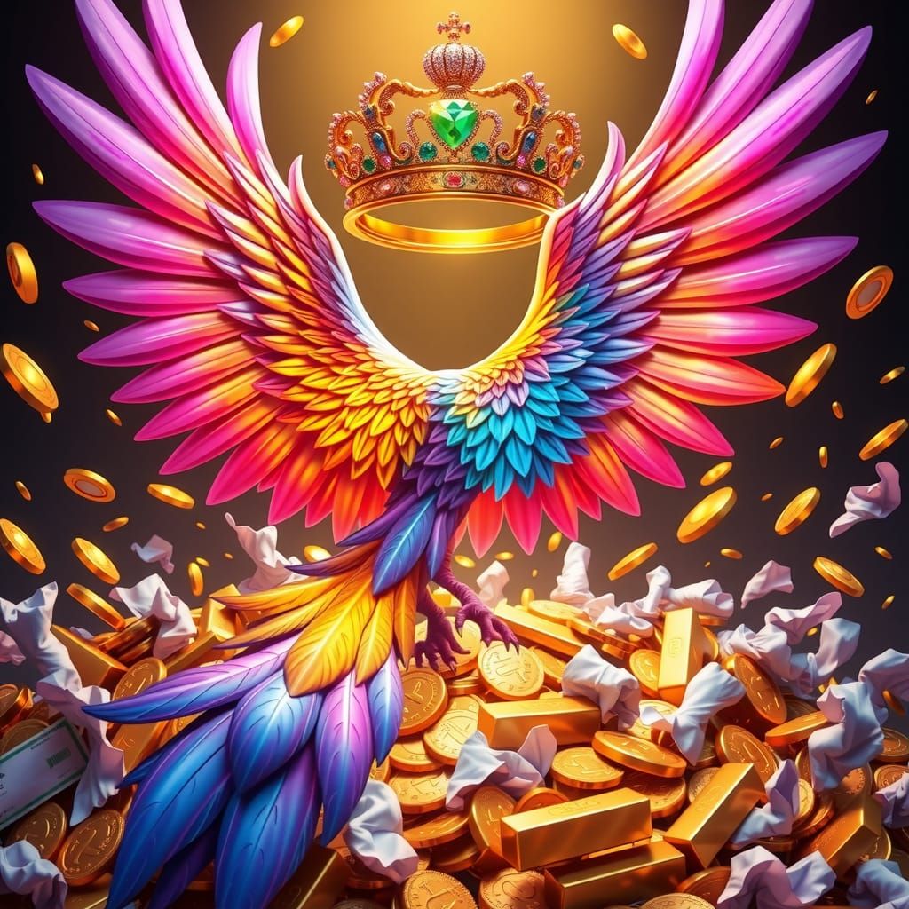 Rainbow Phoenix Rising from Treasure, Crowned in Jewels