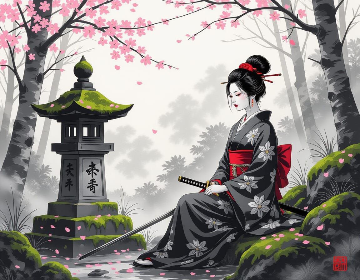 Serene Woman by Shrine Bell in Sumi-e Style