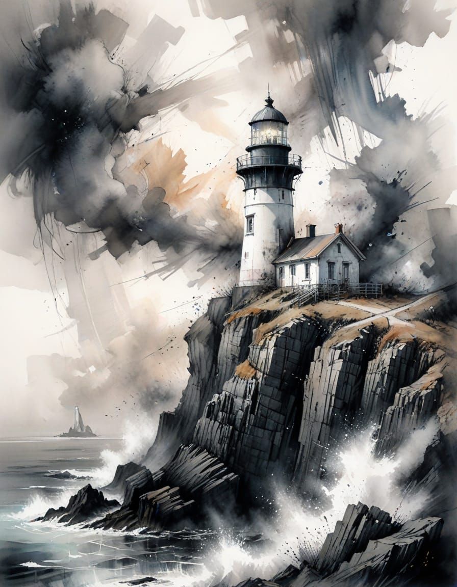 Lighthouse Charcoal Sketch in Expressive Watercolour Style