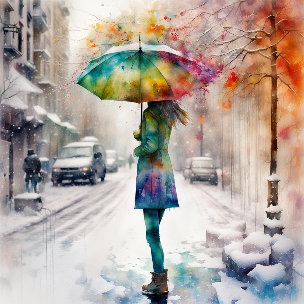 Girl's Umbrella Reveals Spring: Digital Watercolor Art